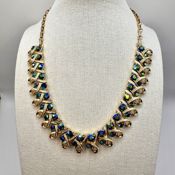 Coro Gold Tone Ribbon Link Choker Necklace w/ Aurora Borealis Rhinestones, 16.5” - Picture 1 of 10